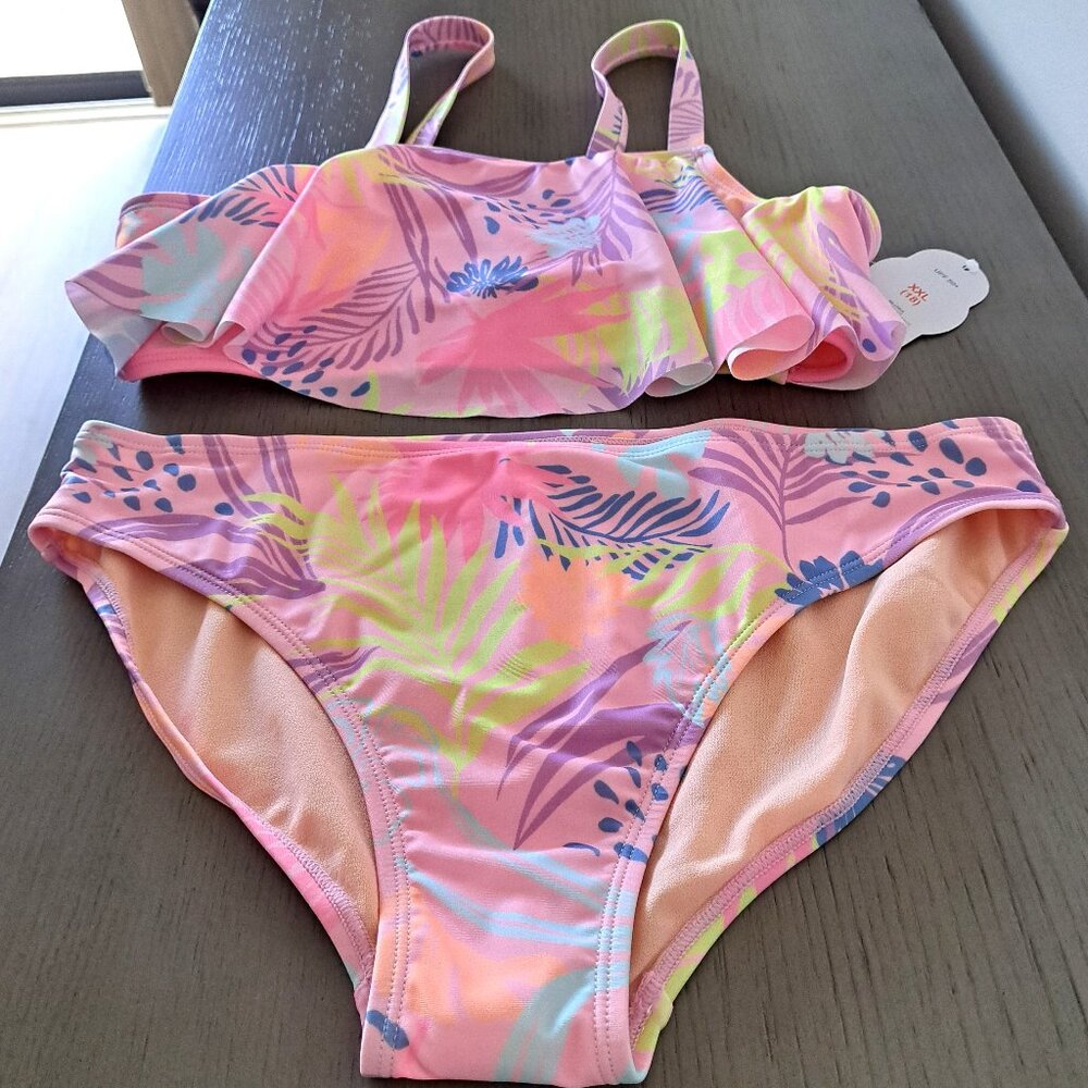 NWT Girls Tankini Flared Top Mid-Rise Bottoms Pink Colorful Print UPF 50+ Sz XXL